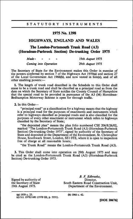 The London-Portsmouth Trunk Road (A3) (Horndean-Purbrook Section) De-trunking Order 1975