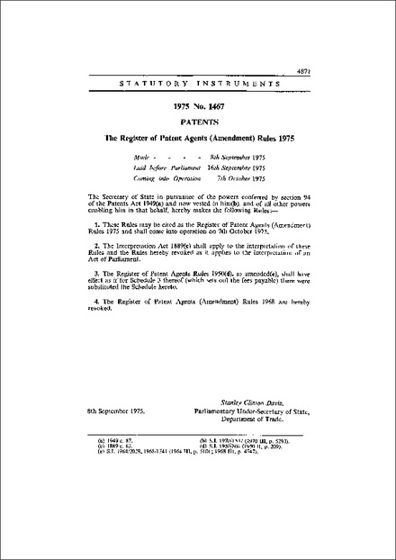 The Register of Patent Agents (Amendment) Rules 1975