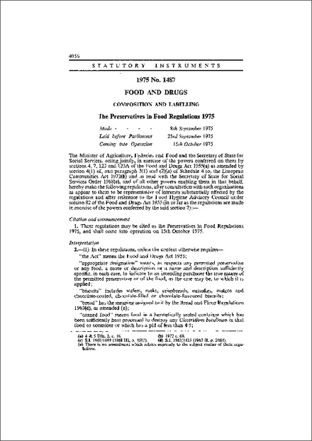 The Preservatives in Food Regulations 1975