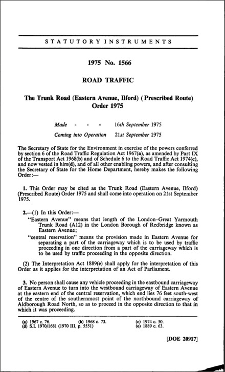 The Trunk Road (Eastern Avenue, Ilford) (Prescribed Route) Order 1975