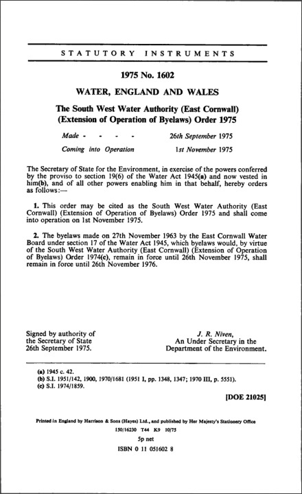 The South West Water Authority (East Cornwall) (Extension of Operation of Byelaws) Order 1975