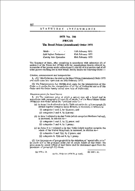 The Bread Prices (Amendment) Order 1975