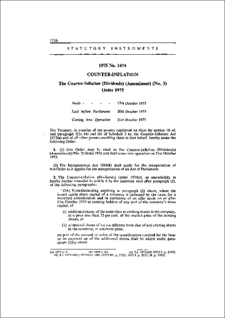The Counter-Inflation (Dividends) (Amendment) (No. 3) Order 1975
