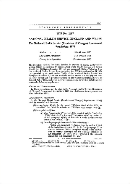 The National Health Service (Remission of Charges) Amendment Regulations 1975