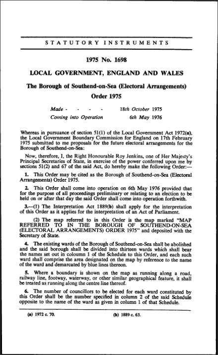 The Borough of Southend-on-Sea (Electoral Arrangements) Order 1975