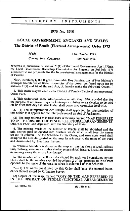 The District of Pendle (Electoral Arrangements) Order 1975