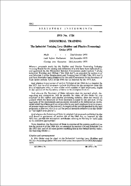 The Industrial Training Levy (Rubber and Plastics Processing) Order 1975