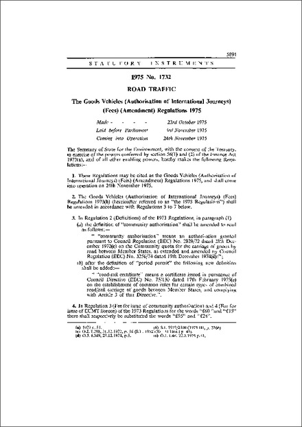 The Goods Vehicles (Authorisation of International Journeys) (Fees) (Amendment) Regulations 1975