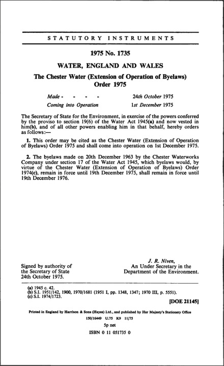 The Chester Water (Extension of Operation of Byelaws) Order 1975