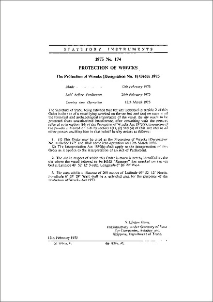 The Protection of Wrecks (Designation No. 1) Order 1975