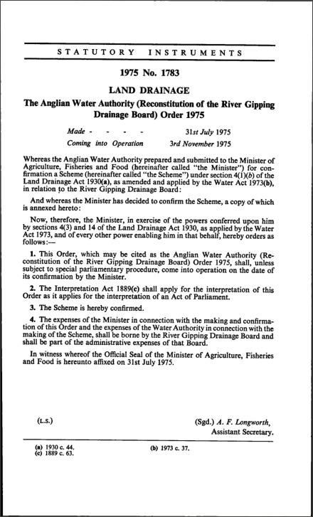 The Anglian Water Authority (Reconstitution of the River Gipping Drainage Board) Order 1975