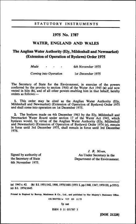 The Anglian Water Authority (Ely,Mildenhall and Newmarket) (Extension of Operation of Byelaws) Order 1975
