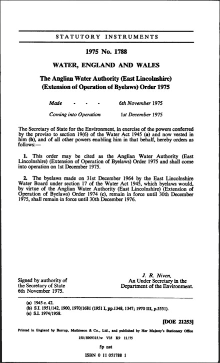 The Anglian Water Authority (East Lincolnshire) (Extension of Operation of Byelaws) Order 1975