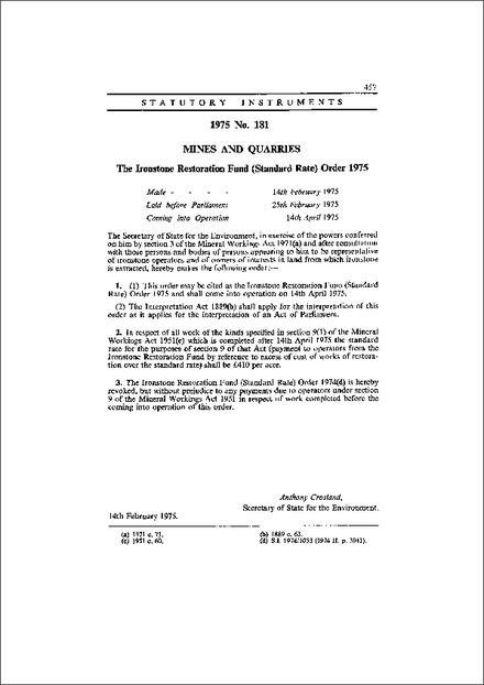 The Ironstone Restoration Fund (Standard Rate) Order 1975