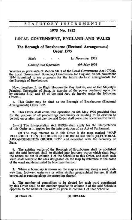 The Borough of Broxbourne (Electoral Arrangements) Order 1975