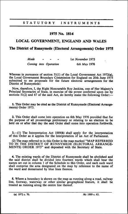 The District of Runnymede (Electoral Arrangements) Order 1975