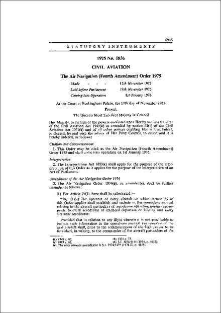 The Air Navigation (Fourth Amendment) Order 1975