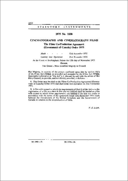 The Films Co-Production Agreement (Government of Canada) Order 1975