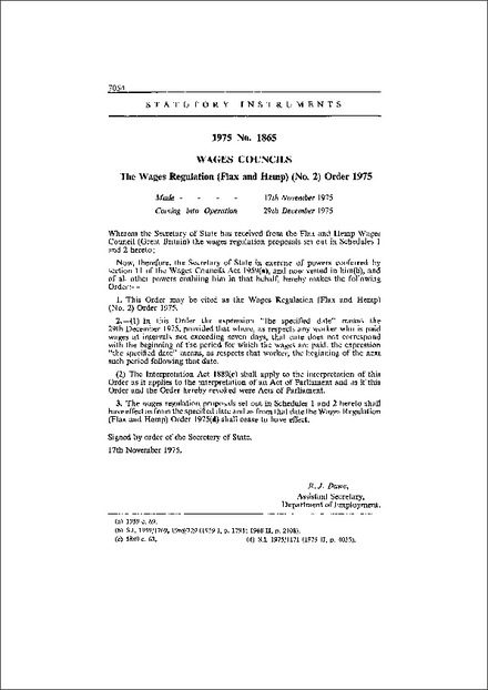 The Wages Regulation (Flax and Hemp) (No. 2) Order 1975