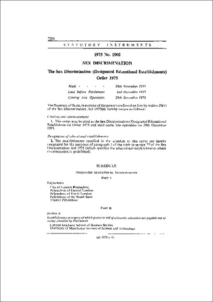 The Sex Discrimination (Designated Educational Establishments) Order 1975