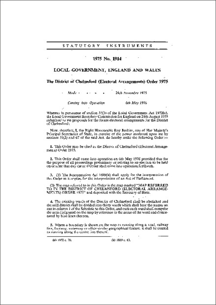 The District of Chelmsford (Electoral Arrangements) Order 1975