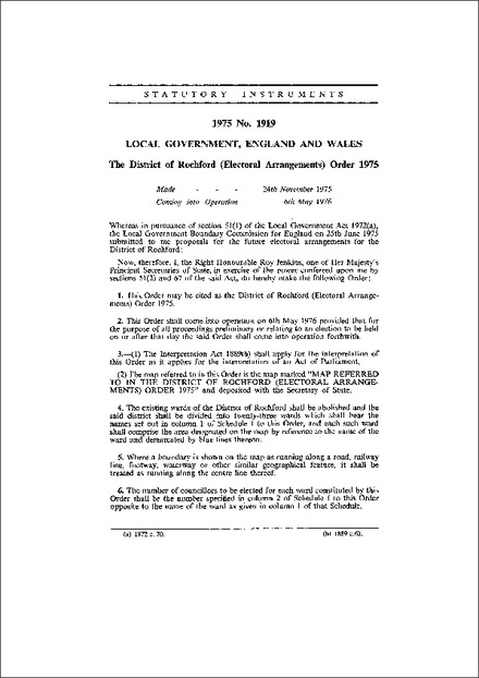 The District of Rochford (Electoral Arrangements) Order 1975