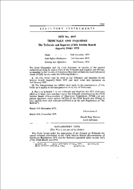 The Tribunals and Inquiries (Child Interim Benefit Appeals) Order 1975
