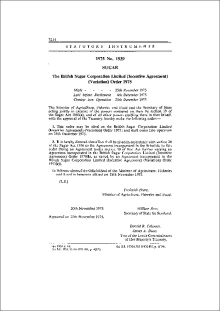 The British Sugar Corporation Limited (Incentive Agreement) (Variation) Order 1975