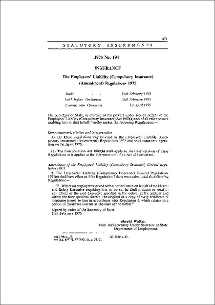 The Employers' Liability (Compulsory Insurance) (Amendment) Regulations 1975