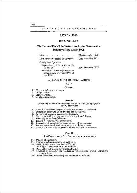The Income Tax (Sub-Contractors in the Construction Industry) Regulations 1975