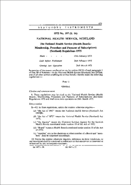 The National Health Service (Health Boards: Membership, Procedure and Payment of Subscriptions) (Scotland) Regulations 1975