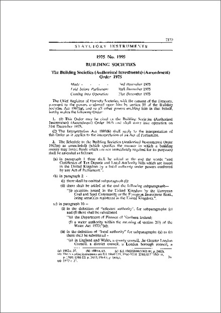 The Building Societies (Authorised Investments) (Amendment) Order 1975