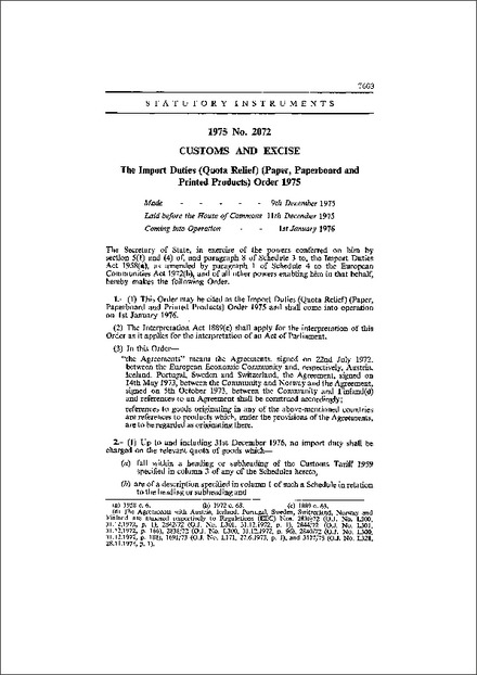The Import Duties (Quota Relief) (Paper, Paperboard and Printed Products) Order 1975