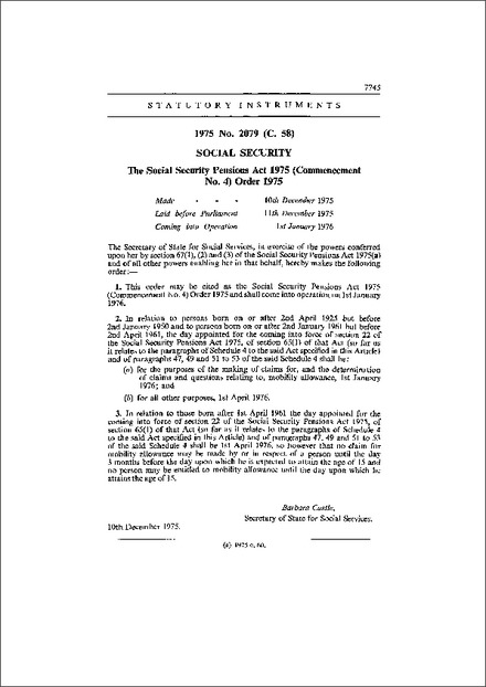 The Social Security Pensions Act 1975 (Commencement No. 4) Order 1975
