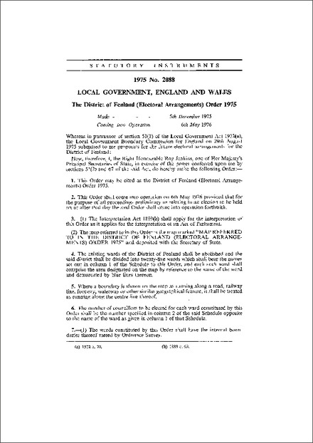 The District of Fenland (Electoral Arrangements) Order 1975