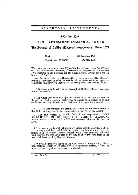 The Borough of Gedling (Electoral Arrangements) Order 1975