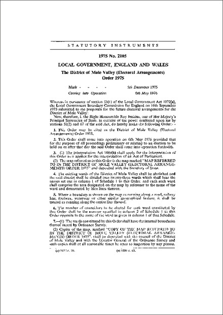 The District of Mole Valley (Electoral Arrangements) Order 1975