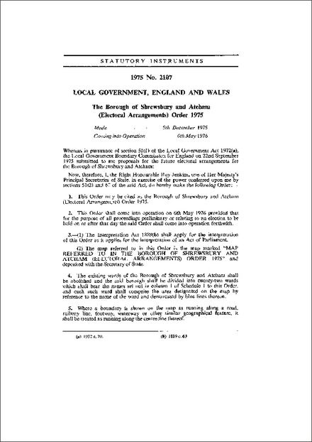 The Borough of Shrewsbury and Atcham (Electoral Arrangements) Order 1975