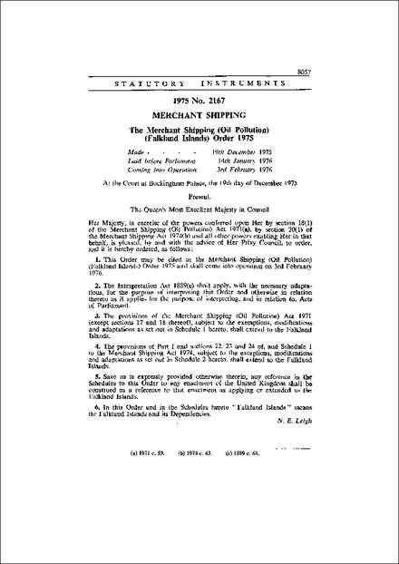 The Merchant Shipping (Oil Pollution) (Falkland Islands) Order 1975