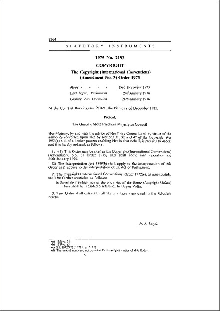 The Copyright (International Conventions) (Amendment No. 3) Order 1975