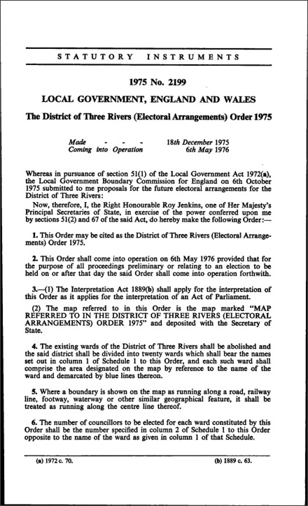 The District of Three Rivers (Electoral Arrangements) Order 1975