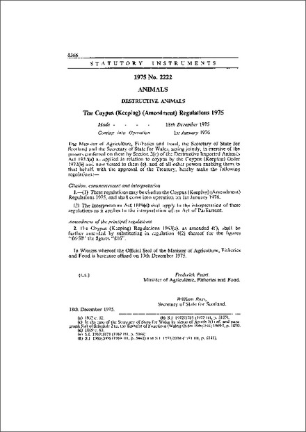 The Coypus (Keeping) (Amendment) Regulations 1975
