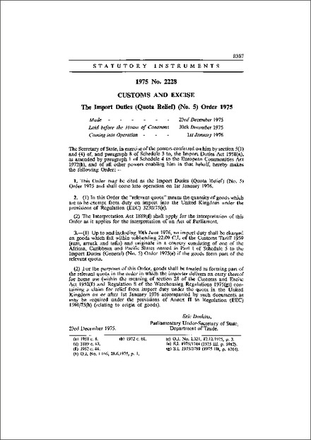 The Import Duties (Quota Relief) (No. 5) Order 1975