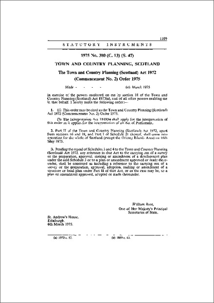 The Town and Country Planning (Scotland) Act 1972 (Commencement No. 2) Order 1975
