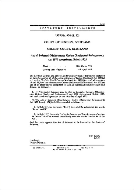 Act of Sederunt (Maintenance Orders (Reciprocal Enforcement) Act 1972 Amendment Rules) 1975