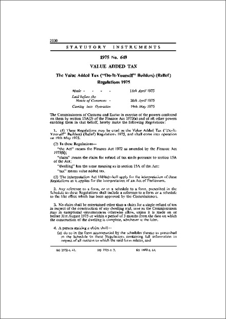 The Value Added Tax ("Do-It-Yourself" Builders) (Relief) Regulations 1975