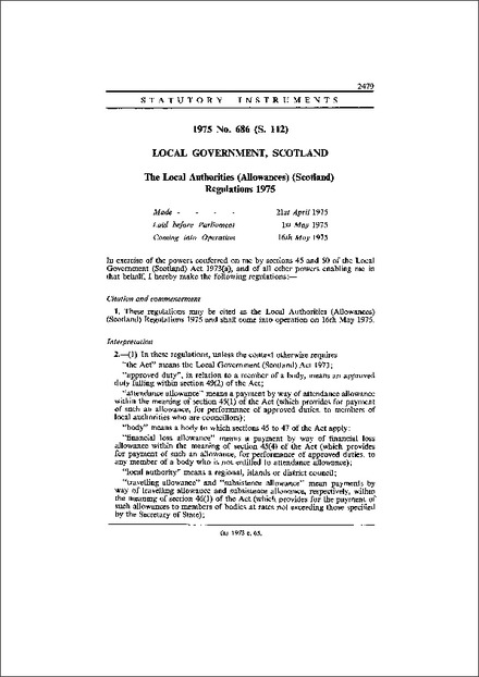 The Local Authorities (Allowances) (Scotland) Regulations 1975