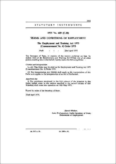 The Employment and Training Act 1973 (Commencement No. 4) Order 1975