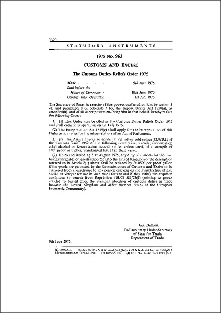 The Customs Duties Reliefs Order 1975