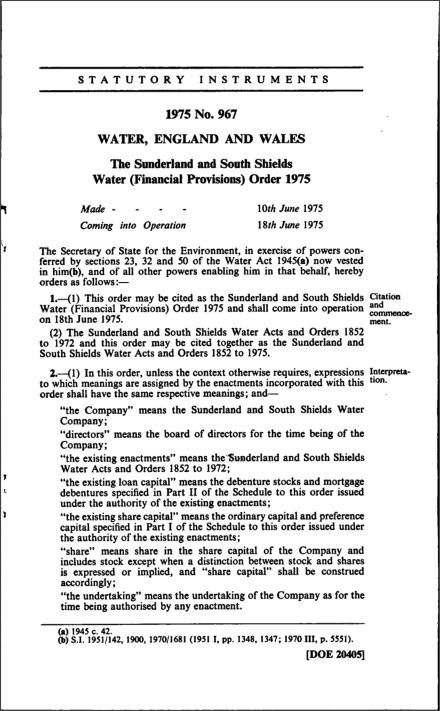 The Sunderland and South Shields Water (Financial Provisions) Order 1975